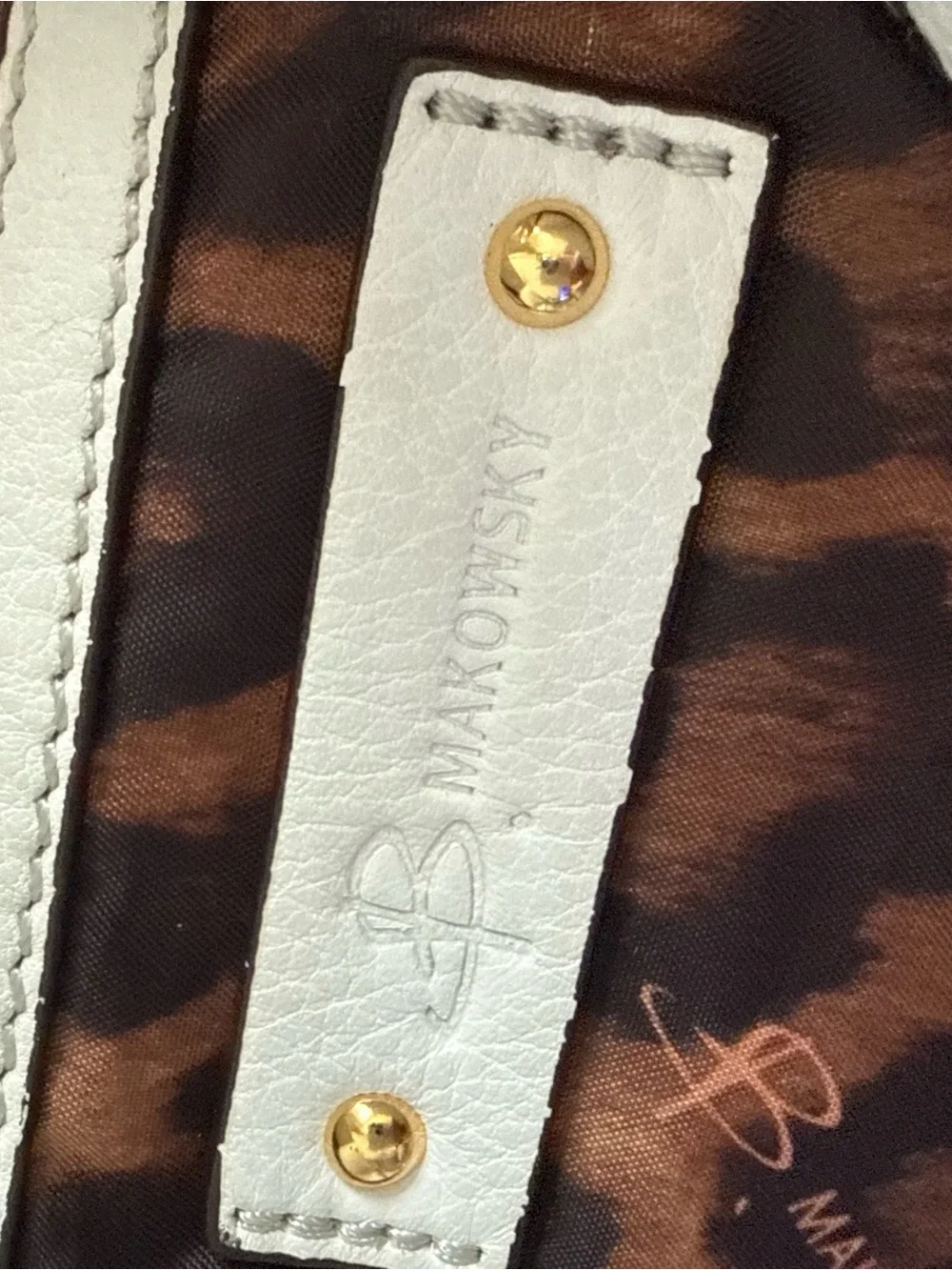 b. makowsky White Leather Shoulder Bag with Gold Ring Detail